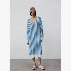 Zara Blue and White Striped Linen V-Neck Tunic Dress